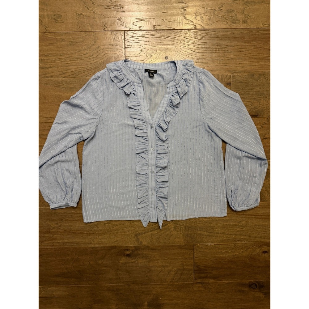 Halogen Womens‎ Blue Ruffle Pinstripe Button Front Blouse Size M Long Slv